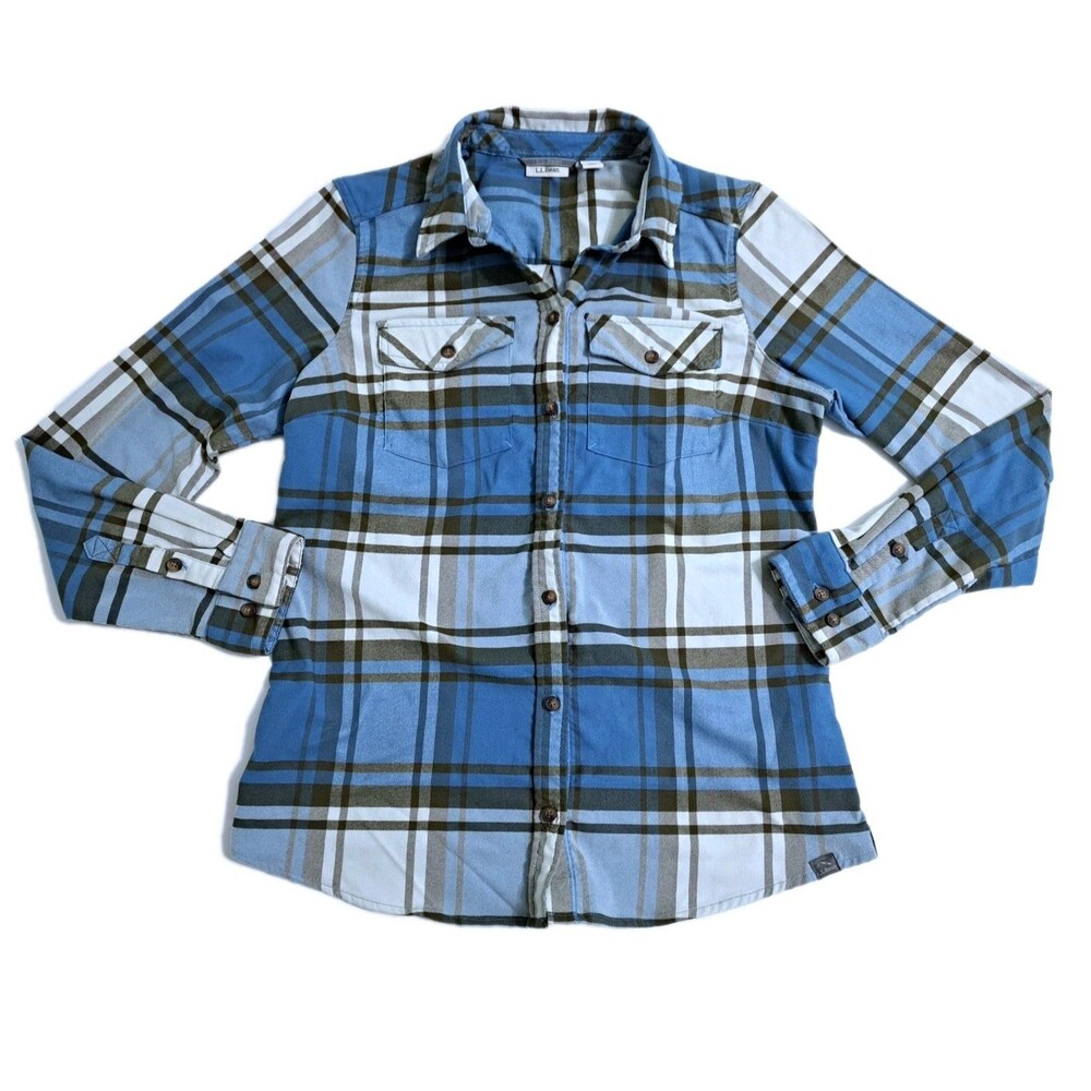 LL Bean Whisper Lodge Flannel Shirt Womens Size Small Plaid Blue Brown White